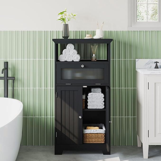 ChooChoo Freestanding Bathroom Cabinet with Flip Glass Drawer, 2 Doors, Adjustable Shelf, Open Storage for Bathroom, Living Room, Hallway, Black