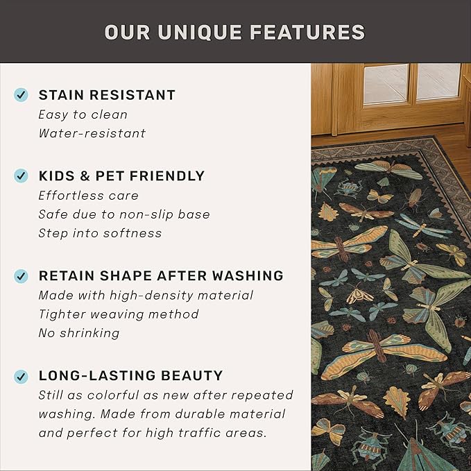 2x7 Black Non Slip Entryway Runner Rug, Boho Washable Runner for Hallway, Kitchen, Mudroom, Laundry Room, Nature Insect Low Pile & Soft Carprt, Vintage Indoor Décor