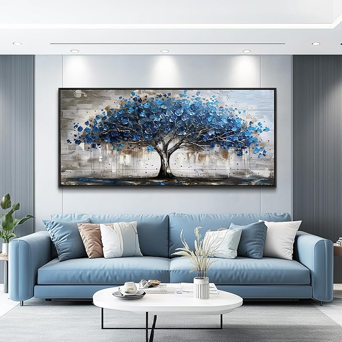 Lapremoly Framed Wall Art For Living Room Tree of Life Canvas Prints Extra Large Wall Decorations Blue Artwork For Walls Forest Pictures Abstract Paintings for Bedroom Office Modern Home Decor 32X72