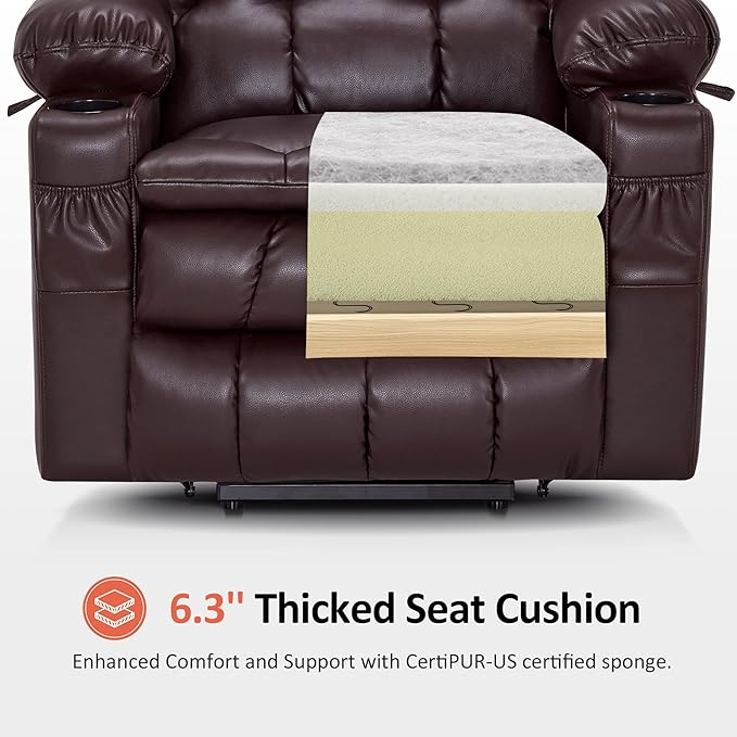 MCombo Dual Motor Large Power Lift Recliner Chair for Elderly, Lay Flat Lift Chair with Heat and Massage, Big Lift Recliner for Tall People, Faux Leather 7896 (Dark Brown, Large)