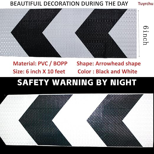 Black White Reflective Tape 6 inch X 10 feet, Outdoor Waterproof Hazard Conspicuity Warning Industrial Marking Tape
