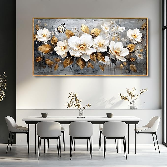FUHAIHUA Wood Framed Canvas Wall Art For Living Room Large Wall Decor For Office Bedroom Decoration White Flower Pictures Farmhouse Painting Artwork Room Wall Mural Aesthetic Home Decor 30x60