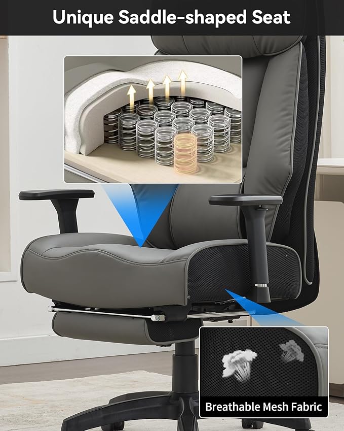 DJ·Wang Big and Tall Office Chair 400lbs with Foot Rest, High Back Executive Office Chair with Extra-Thick Spring Cushion, Ergonomic Leather Chairs Dark Gray