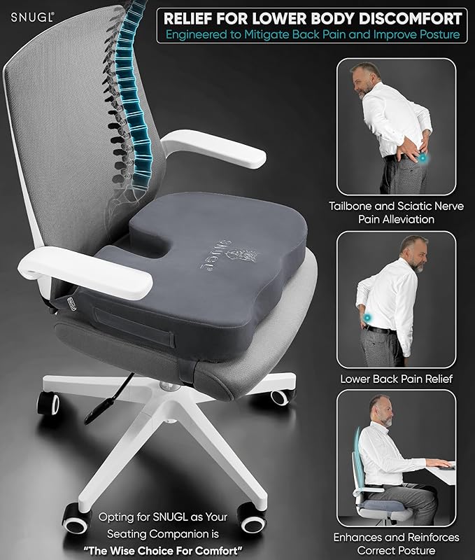 SNUGL Seat Cushion for Tailbone & Back Pain Relief – Orthopedic Memory Foam Coccyx Pillow for Office, Desk & Gaming Chairs – Sciatica & Lower Back Pain Relief, Long Sitting Comfort