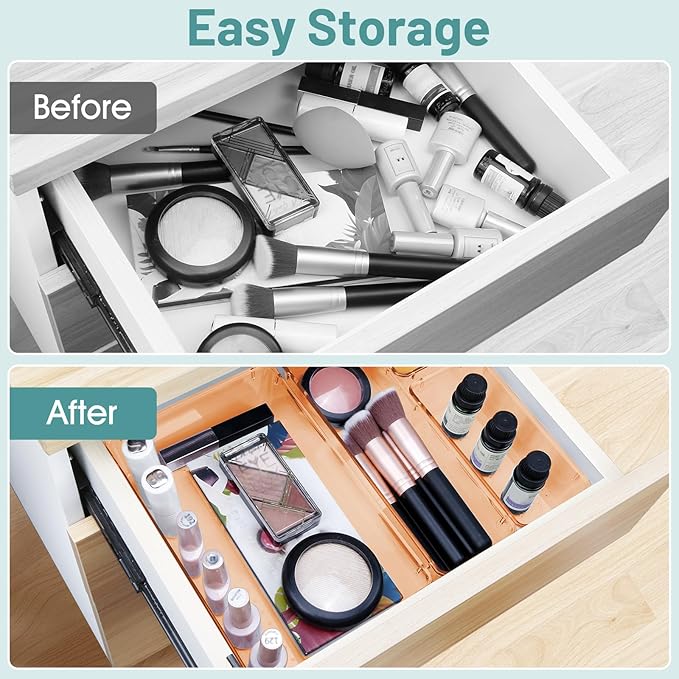 WOWBOX 25 PCS Plastic Drawer Organizer Set, 4 Sizes Desk Drawer Divider Organizers and Storage Bins for Makeup, Jewelry, Gadgets for Kitchen, Bedroom, Bathroom, Office, Clear Orange