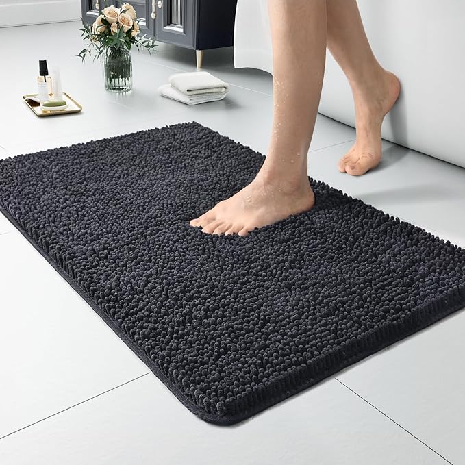 LOCHAS Luxury Bathroom Rug Shaggy Bath Mat 24 x 17 Inch, Washable Non Slip Bath Rugs for Bathroom Shower, Soft Plush Chenille Absorbent Carpets Mats, Dark Grey