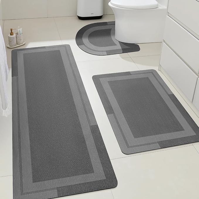 Ultra Thin Bath Mat, Upgrade Backing Non Slip Thin Bath Mats Fit Under Door, Quick Dry Ultra Absorbent Bathroom Rugs, Machine Washable Bath Rugs for Bathroom, Bathtub & Kitchen, Grey/Bordered/3 Piece