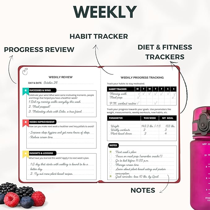 Life & Apples Wellness Journal Planner – Food Log, Fitness Tracker, Habit Tracker, Weight Loss Journal for Diet Tracking and Health Goals, Undated, Size A5 Berry