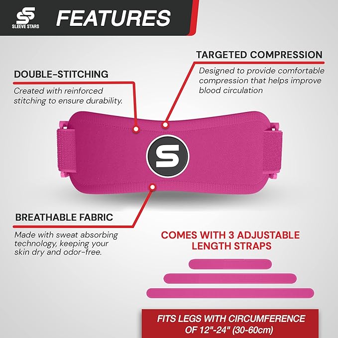 Sleeve Stars Swedish Brand Patellar Tendon Support Strap for Women & Men Effective Osgood Schlatter Knee Brace Youth & Kids Knee Brace with 3 Adjustable Length fits 12"-24" (Single/Hot Pink/Adult)