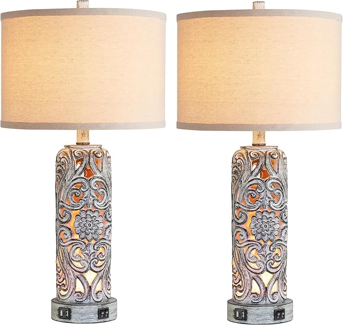 25'' Set of 2 Farmhouse Table Lamps with 2 USB Ports for Living Room Bedroom, Rustic Vintage Table Lamp with Nightlight, Earthy Yellow Hollow Out Resin Lamp for End Table, 2 Bulbs Included