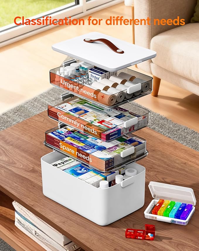 4-Tier Medicine Cabinet Organizer with Leather Handle, Empty Plastic First Aid Kit, Multipurpose Storage Box with A Portable Weekly Pill Organizer for Family Emergencies, Home, Travel, White