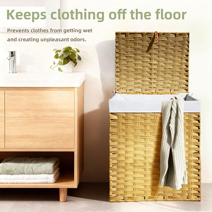 Woven Rattan Laundry Hamper with Lid & Handles,130L Foldable Laundry Basket Includes Machine Washable Removable Liner with 2 Compartments for Storage Basket for Bedroom, Bathroom (Yellow)