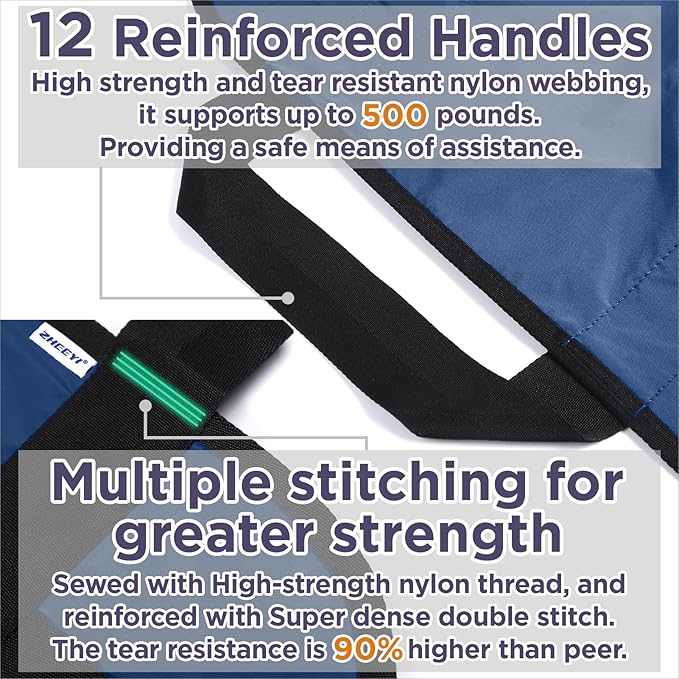 Bed Positioning Pad with Reinforced Handles 63" x 40" Washable Patient Transfer Slide Sheet for Body Lifting, Turning, Repositioning, for Elderly, Incontinence, Caregiver, Navy Blue