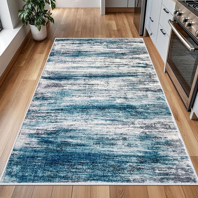 KOZYFLY 4x6 Area Rug Modern Abstract Washable Large Entryway Rug Non-Slip Soft Living Room Rugs, Print Blue Throw Rugs Indoor Mat for High-Traffic Door Entrance, Laundry, Nursery, Bedroom