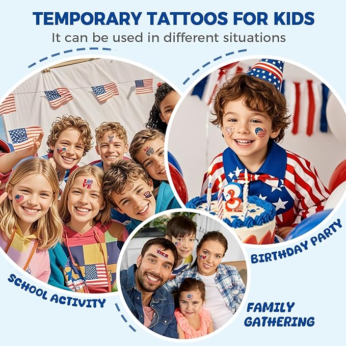 4th of July Temporary Tattoos - 80 Pcs Independence Day American Flag Red White and Blue Tattoos for Kids,Memorial Day,Labor Day,Fourth of July Party Decorations and USA Party Favors 10 Sheets