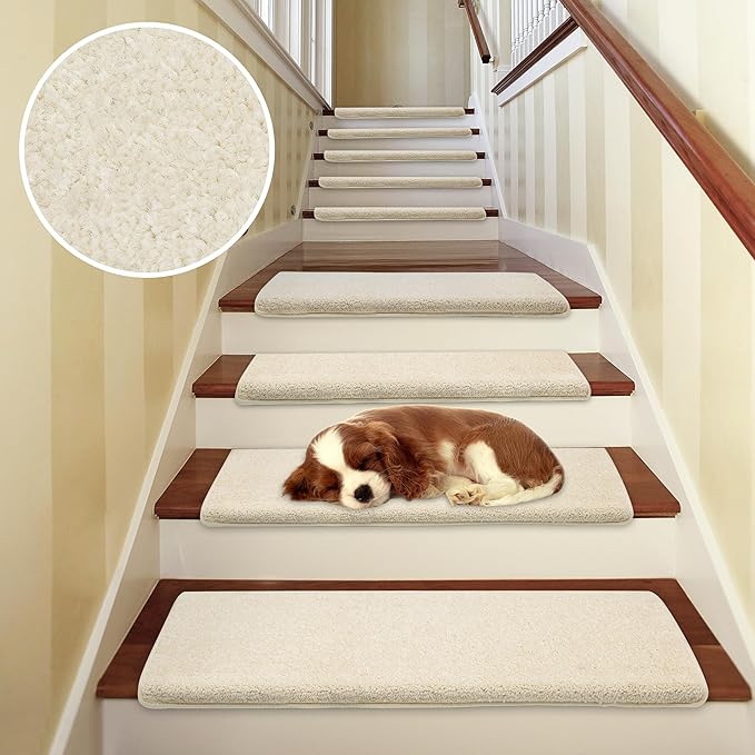 PURE ERA Bullnose Carpet Stair Treads Set Tape Free Non-Slip Indoor Stair Protectors Pet Friendly Rugs Covers Soft Skid Resistant Washable Reusable 9.5" x 30" (14 Pieces, Light Beige)