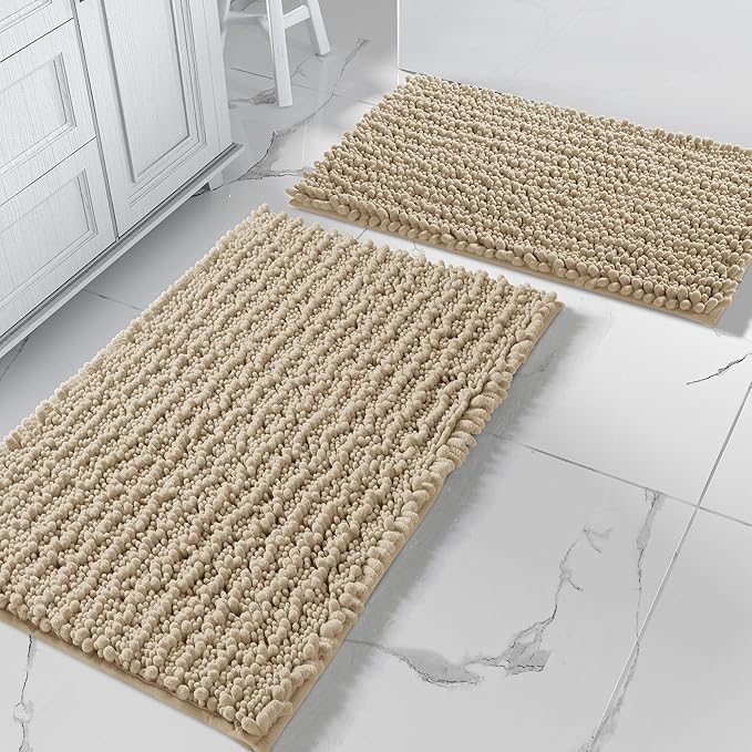 Yimobra Bathroom Rugs Sets 2 Piece - Quick Dry Extra Thick Luxury Chenille Bath Mat, Non Slip Super Absorbent for Tub Shower Sink, Machine Washable Shaggy Floor Mat, 32"x20"+24"x17" Inch, Pale Khaki
