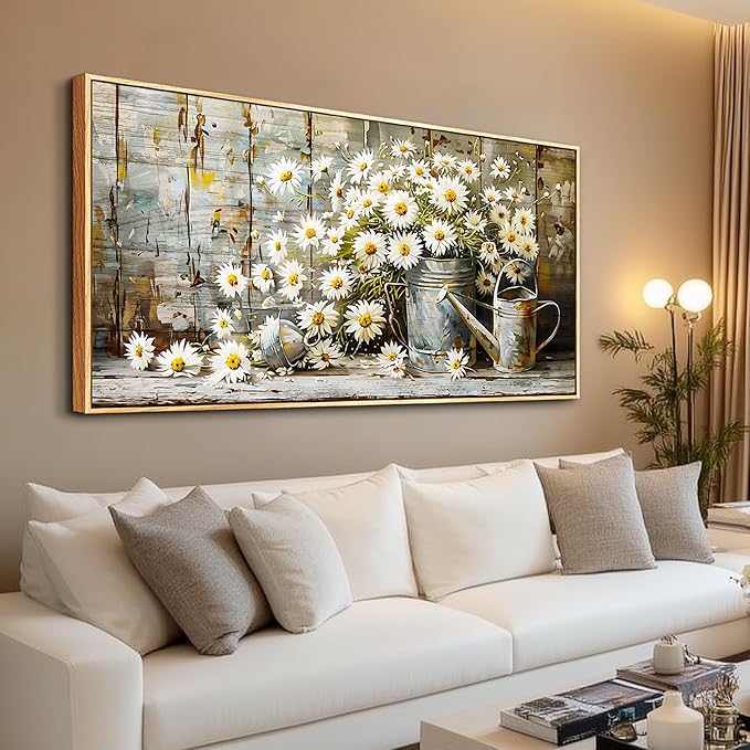 PHAOHUAXM Large Canvas Wall Art For Living Room Wall Decor Printing Artwork Retro White Flower Dining Room Bedroom Bathroom Kitchen Wall Painting Home Decoration Wood Frame Ready To Hang 20x40 In