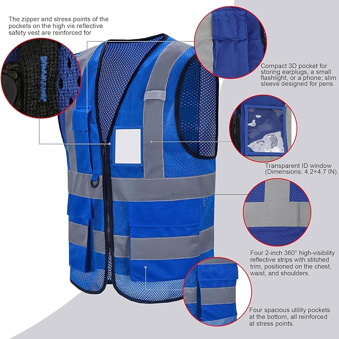High Vis Safety Vest Reflective Strips, Multi-Pocket Design, Available in Yellow,Orange,black,Pink,blue,Red,purple