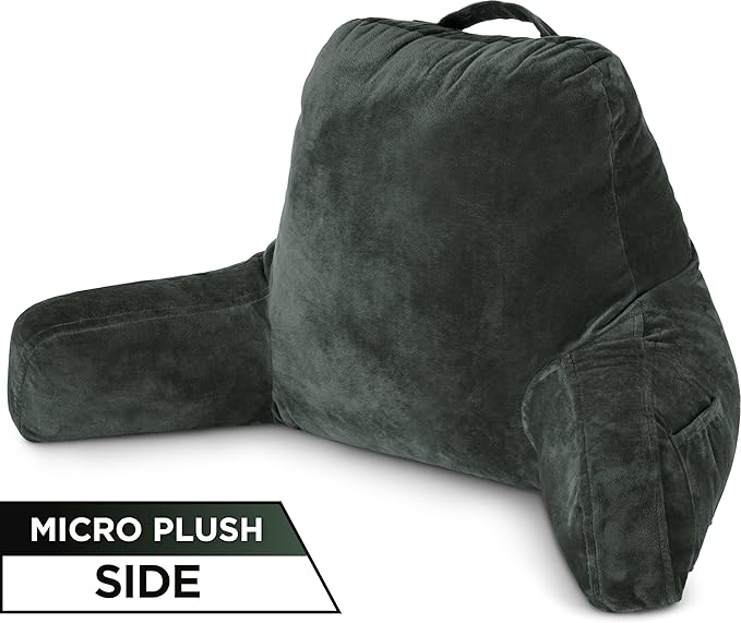 Husband Pillow Aspen Ramona Green, Reading Pillow Bed Rest Chair, Two-Sided Reversible Fabric, Large Lounge Cushion Adult Backrest with Arms, Comfy Back Support for Sit Sitting Up, Wash/Remove Cover