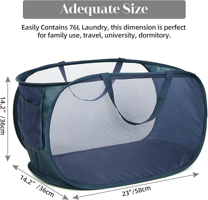 4 Pack Collapsible Laundry Baskets, Foldable Laundry Basket with Pocket, Durable Pop Up Hampers, Reinforced Handles Dirty Clothes Hamper for Laundry, Bedroom, Bathroom, Dorm, Travel or Camping Navy