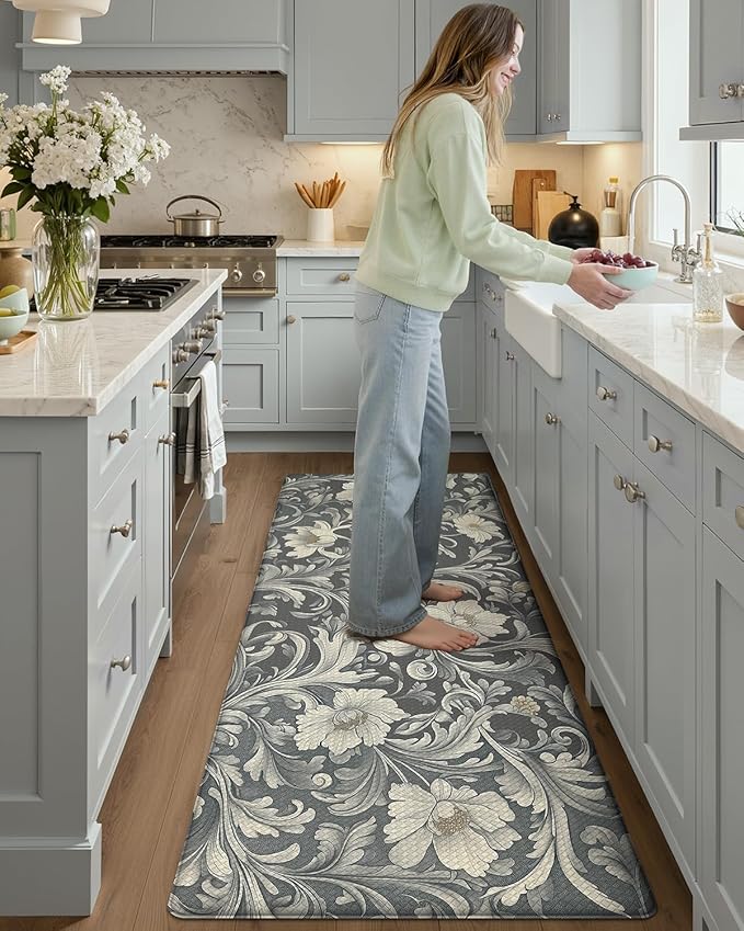 Color&Geometry Floral Kitchen Mat 24"x59", Anti Fatigue Mats for Kitchen Floor, Kitchen Rugs Non Slip, Waterproof & Oil Proof Kitchen Runner for Standing Desk Office, Sink - Grey
