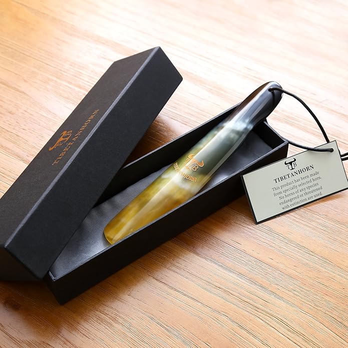 Shoe Horn, Hand Crafted Natural Tibetan Yak Horn Shoe Horns for Boots and All Shoes, Travel Size with Gift Box