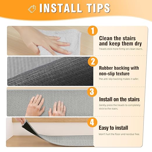 Chenille Stair Treads Non Slip 10pcs Comfortable Stair Runner for Wooden Steps Rubber Backing Stairs Carpet Treads Indoor Staircase Covers Mat with Rubber Backing for Pets Kids 8"X30" Grey