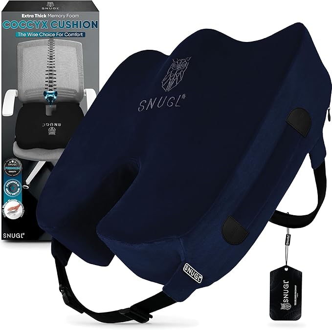 SNUGL Seat Cushion for Tailbone & Back Pain Relief – Orthopedic Memory Foam Coccyx Pillow for Office, Desk & Gaming Chairs – Sciatica & Hemorrhoid Treatment, Long Sitting Comfort (Regular Navy)