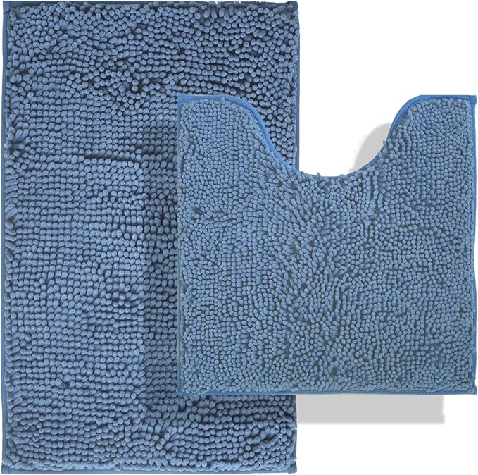 BOANKODU Bath Rug Sets 2-Piece, Soft Chenille Bath Mat - U-shape (32x20 + 20x20 Inch) for Bathrooms, Non-Slip, Machine Washable (Deep Blue)