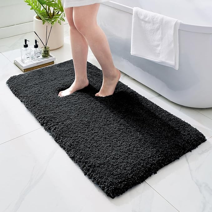 Bathroom Rugs 59x24, Ultra Thick Shaggy Soft Microfiber Absorbent Bath Rug, High Density Foam Latex Non Slip Backing, Machine Washable Bath Mats for Bathroom Floor & Sink, Black