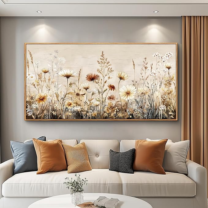 PHAOHUAXM Abstract Ink-Wash Flower Canvas Wall Art Wood Framed Modern Wall Decor for Living Room Bedroom Office Restaurant, Home Aesthetic Artwork Print 24"x48"
