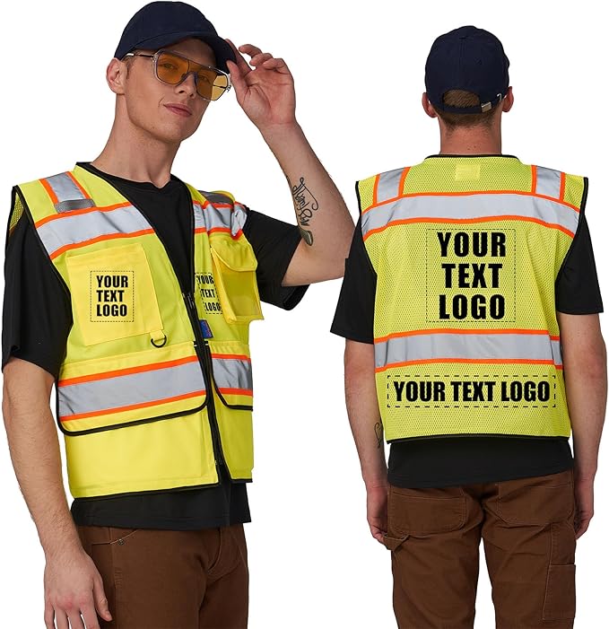 A-SAFETY High Vis Reflective Safety Vest for Men Women Zipper Ipad Pockets Mesh Construction Apparel Neon Vest for Work