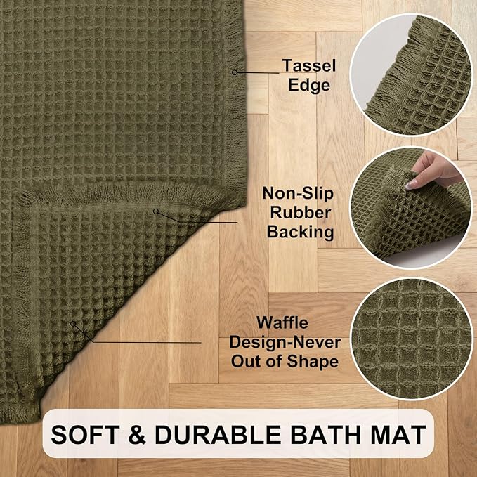 Hiasan Waffle Bath Mat, Super Absorbent Non Slip Bathroom Boho Rug with Tassels, Machine Washable Bath Mats for Bathroom, Ultra Soft Rubber Backed Rug, Grayish Green, 20 x 32 Inches