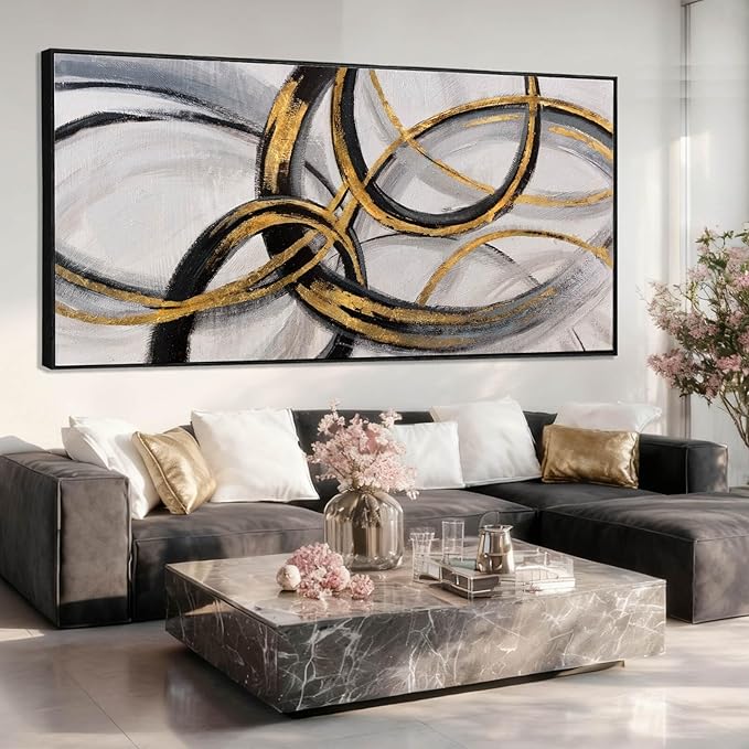 Black and Gold Line Wall Art Abstract Wall Decor Neutral Canvas Posters 32"x70" Large Framed Art for Living Room Office Pictures
