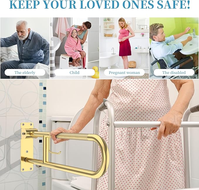 Toilet Grab Bar 22.4 Inch Gold, Munzong Anti-Slip Handicap Grab Bars with Paper Holder, Flip-Up Bathroom Safety Rails, Stainless Steel Knurled Support handrails for Seniors Elderly Disabled Pregnant