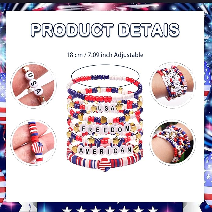 Independence Day Gifts for Women Men Teens Red White Blue Clay Beaded Stackable Stretch Bracelets USA Patriotic Jewelry 4th of July Accessories