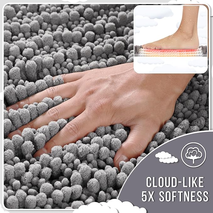 Yimobra Gray Bathroom Rugs Sets 2 Piece - Luxury Chenille Shaggy Bath Mat, Super Absorbent & Non Slip & Quick Dry, Soft Thick Bathroom Carpet for Tub Shower Floor, Machine Washable, 44x24+24x17 Inch