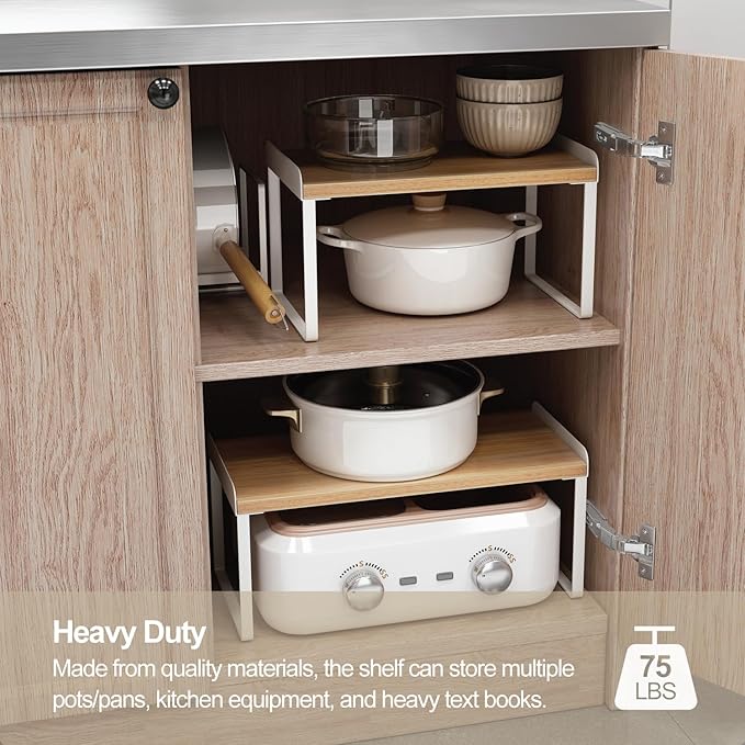 Mitus Shelf Organizer and Storage, Tiered Wood Cabinet Rack for The Kitchen Counter, Bathroom Counter, Pantry Cupboard, Office Desk Bookshelf, 16" Wide Walnut Brown and Black