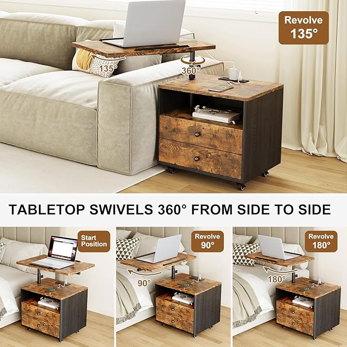 Bedroom Nightstand with Drawers & Charging Station, Adjustable Height Bedside Table with Wheels, Wooden Small Sofa Side Tables with Storage for Living Room, Rustic Brown