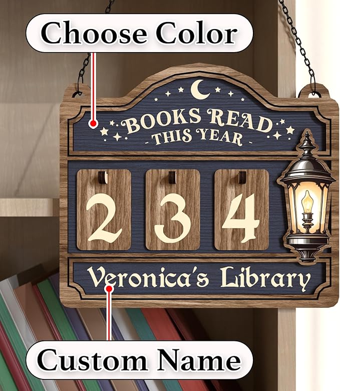 Personalized Book Tracker Sign, Custom Books Read This Year Counter, Book Lover Gift for Teachers, Women, Librarians, Readers, Wooden Hanging Library Decor, Bookshelf Accessories for Wall & Table