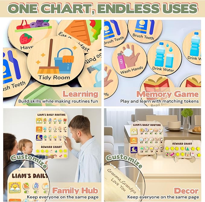 2-in-1 Chore Chart for Kids Toddler & Teens, Montessori Wooden Routine Responsibility Board, Visual Schedule, Reward System for ADHD Autism, Daily Morning & Bedtime Checklist, 11.3''x17.7''