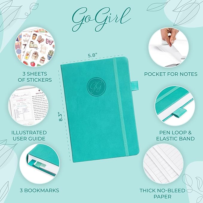 GoGirl Self-care Journal – Daily Mental Health Notebook with Mood & Wellness Trackers – Personal Development, Meditation & Reflection Journal for Women – Hardcover, Lasts 3 Months (Turquoise)