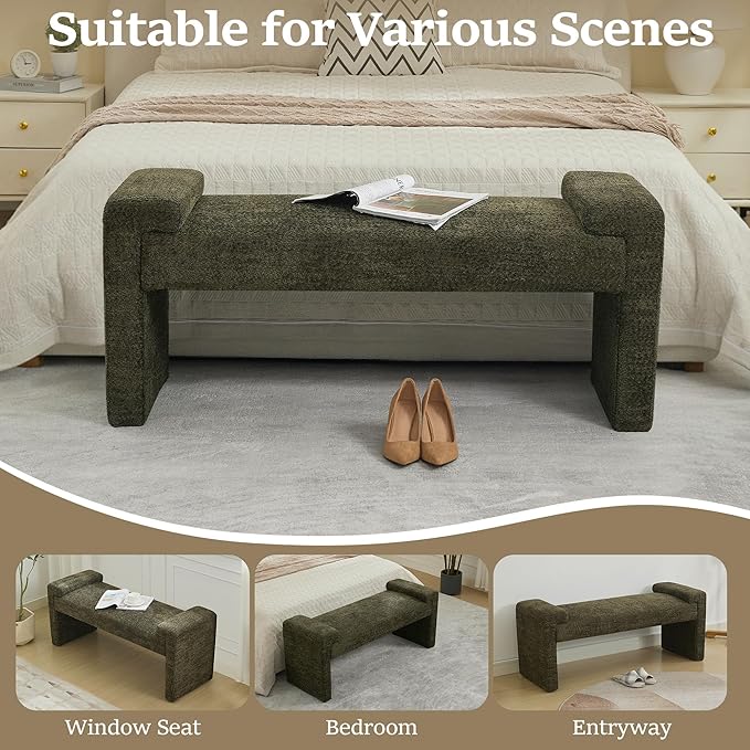 43" End of Bed Bench Upholstered Modern Bedroom Bench for Living Room & Entryway, Easy Assembly, Footrest Ottoman Accent Window Bench with Solid Wood Frame & Curved Arm, Green