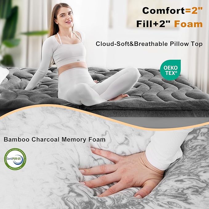 Dual Layer 4 Inch Bamboo Memory Foam Mattress Topper King Size, 2 Inch Thick Soft Quilted Pillow Top Cover Plus 2 Inch Charcoal Gel Memory Foam Mattress Pad for Back Pain Relief