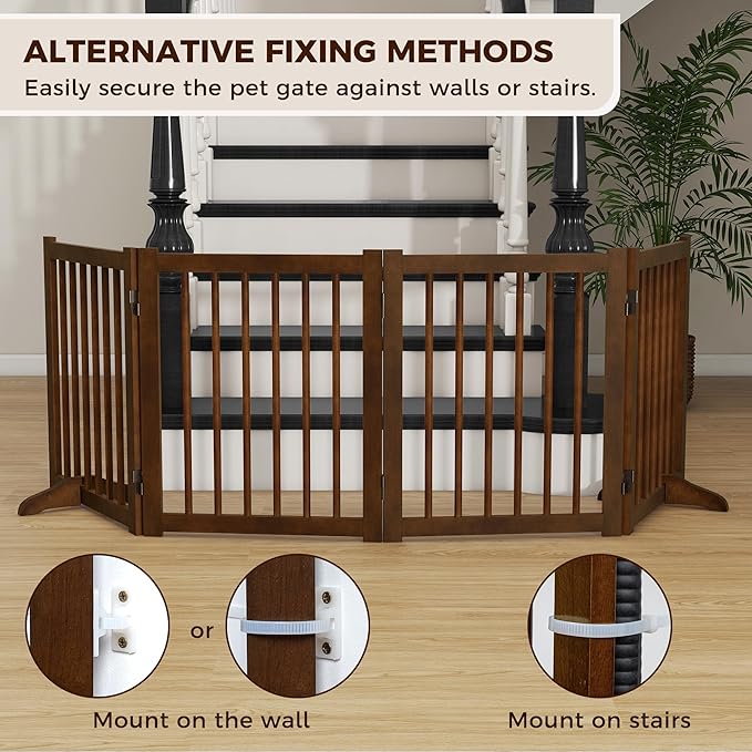 Solid Wood Freestanding Pet Gate - 4 Panels 24" - Folding Safety Fence with 2 Support Feet - Ideal for Stairs, Doorways, Halls, Kitchens - Indoor Wooden Dog Gate - Walnut Color
