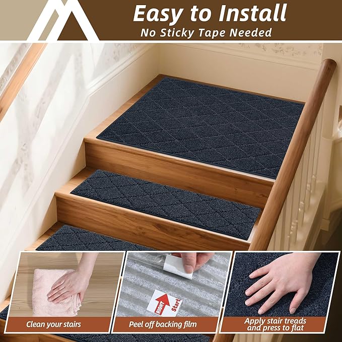 COSY HOMEER Stair Landing Rugs Non-Slip Corner Indoor Edging Stair Treads for Wooden Steps,Washable Soft Stair Landing Mat for Kids,Elder and Dogs,Polyester,TPE Backing,Navy,30x30inch
