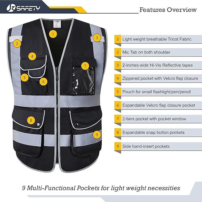 JKSafety 9 Pockets High Visibility Zipper Front Safety Vest With Reflective Strips,Meets ANSI/ISEA Standard (4X-Large, 150-Black)