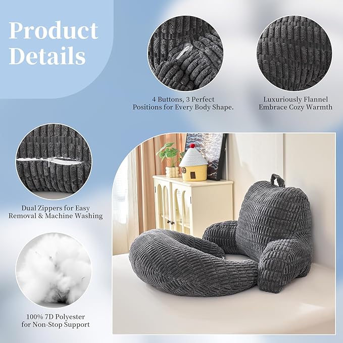 Back Pillow for Bed Sitting Up,U Shaped & Back Support Pillow for Bed,19" Backrest with Lumbar & Arm Support,Comfy Corduroy Fabric,Lap Pillow for Gaming/Reading/Watching TV,Gray