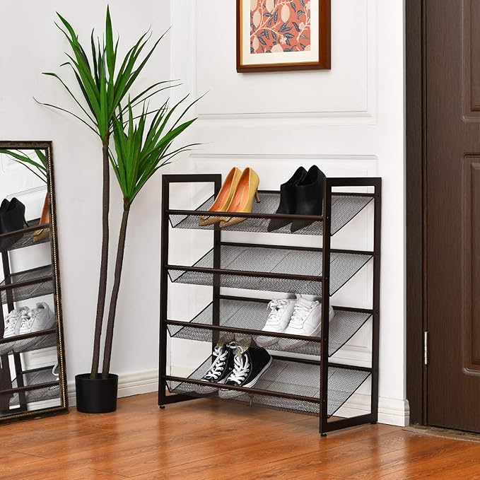 Giantex 4-Tier Metal Shoe Rack, Shoe Storage Organizer with Adjustable Angled or Flat Mesh Shelf for 12 to 16 Pairs of Shoes, Freestanding Shoe Shelf for Bedroom, Entryway, Closet, Hallway